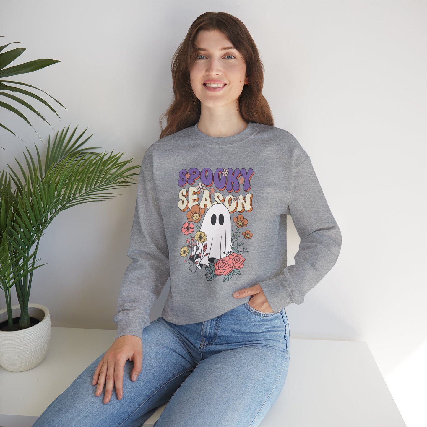 Spooky Season Floral Ghost Sweatshirt – Cozy Halloween Blooms