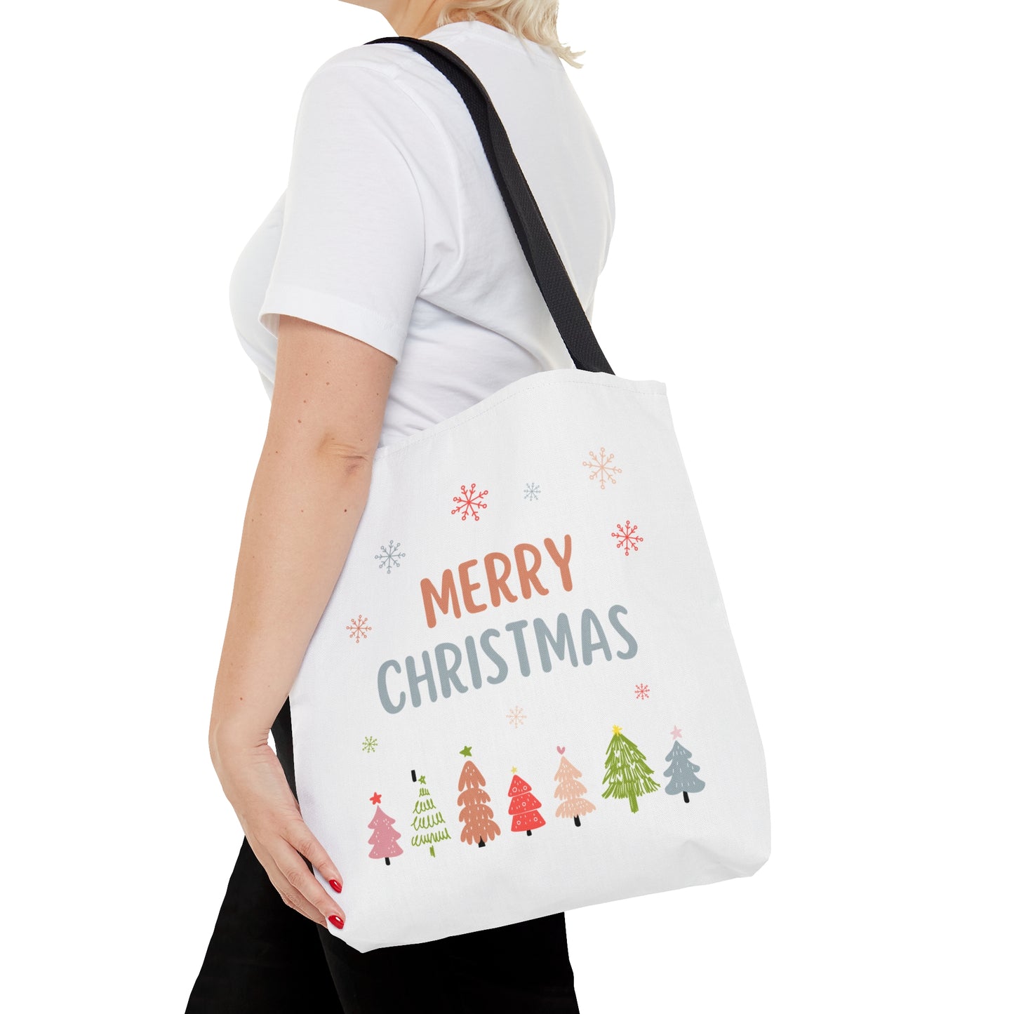 Tote Bag – “MERRY CHRISTMAS” Text with Snowflakes & Colorful Tree Row – Holiday Gift for Seasonal Shoppers