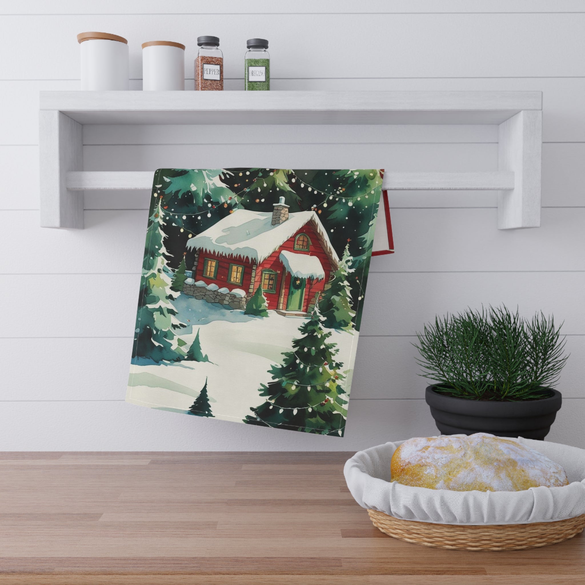 Cozy Christmas Tea Towel with Snowy Cabin and Lights Design
