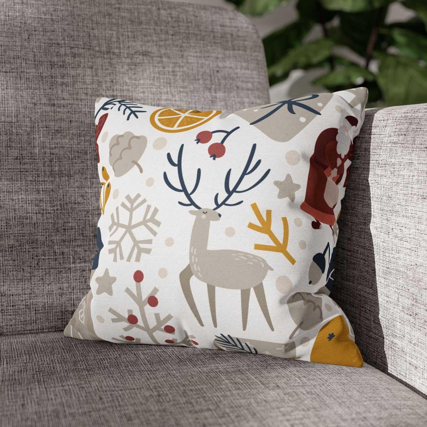 Vintage Christmas Reindeer Pillow Cover with Santa and Holiday Motifs
