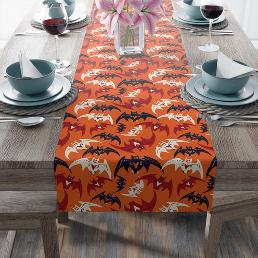 Halloween Table Runner – Orange Bat Parade – Halloween Table Accent for Festive Fall Gatherings