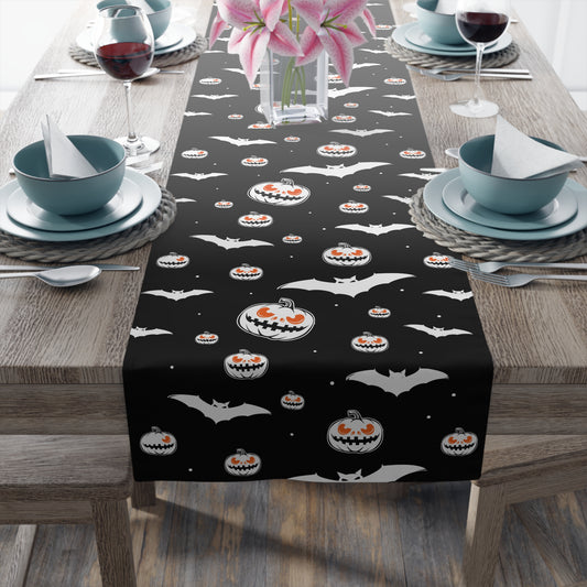 Halloween Table runer – Haunted Bats & Grinning Pumpkins – Halloween Table Decor for Spooky Dinner Parties