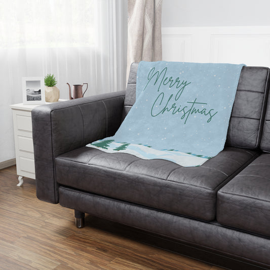 Merry Christmas Printed Minky Blanket, Sky Blue