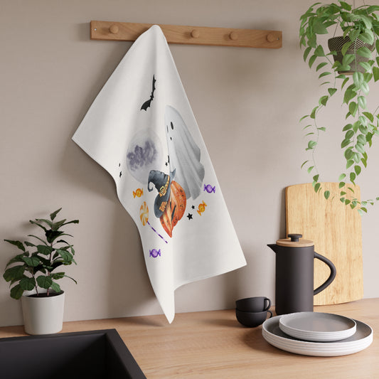 Smiling Pumpkin Halloween Tea Towel – Witch Hat, Ghost, and Candy Design