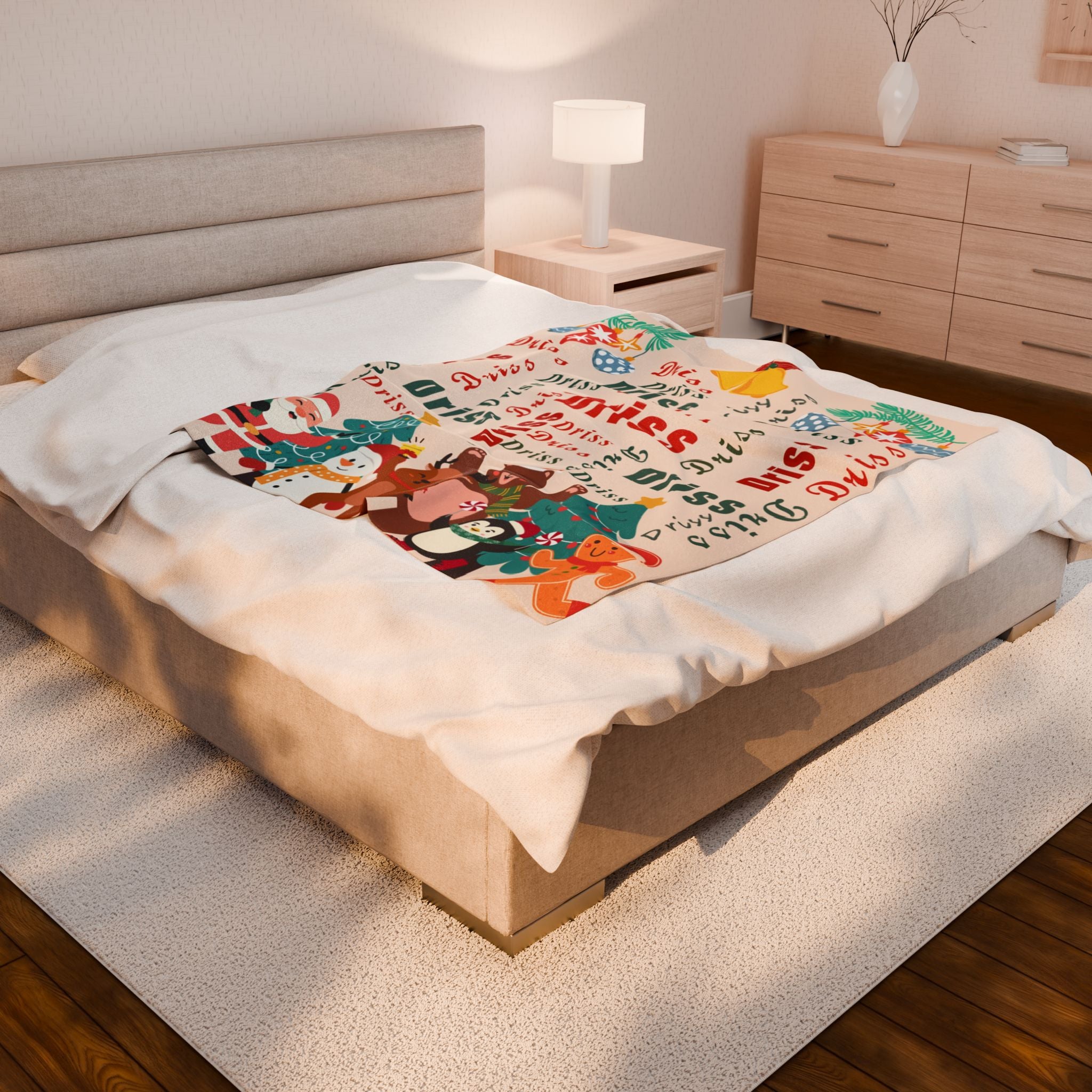 Christmas Character Velveteen Plush Blanket – Santa, Reindeer & Friends with Custom Name