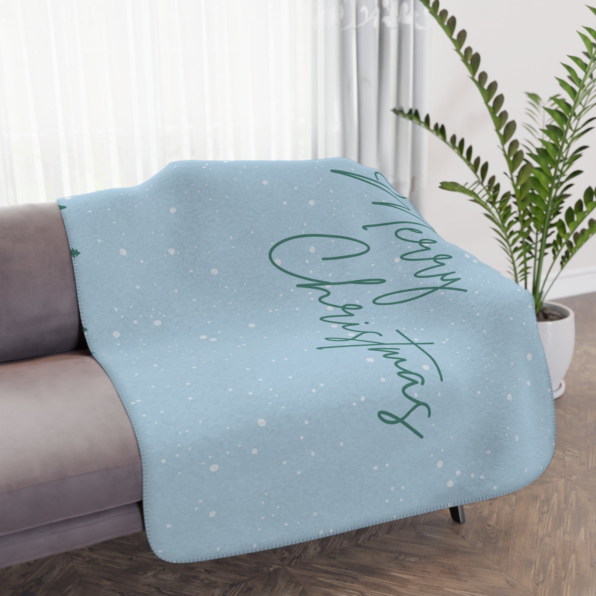 Merry Christmas with Trees Printed Sherpa Blanket, Sky Blue