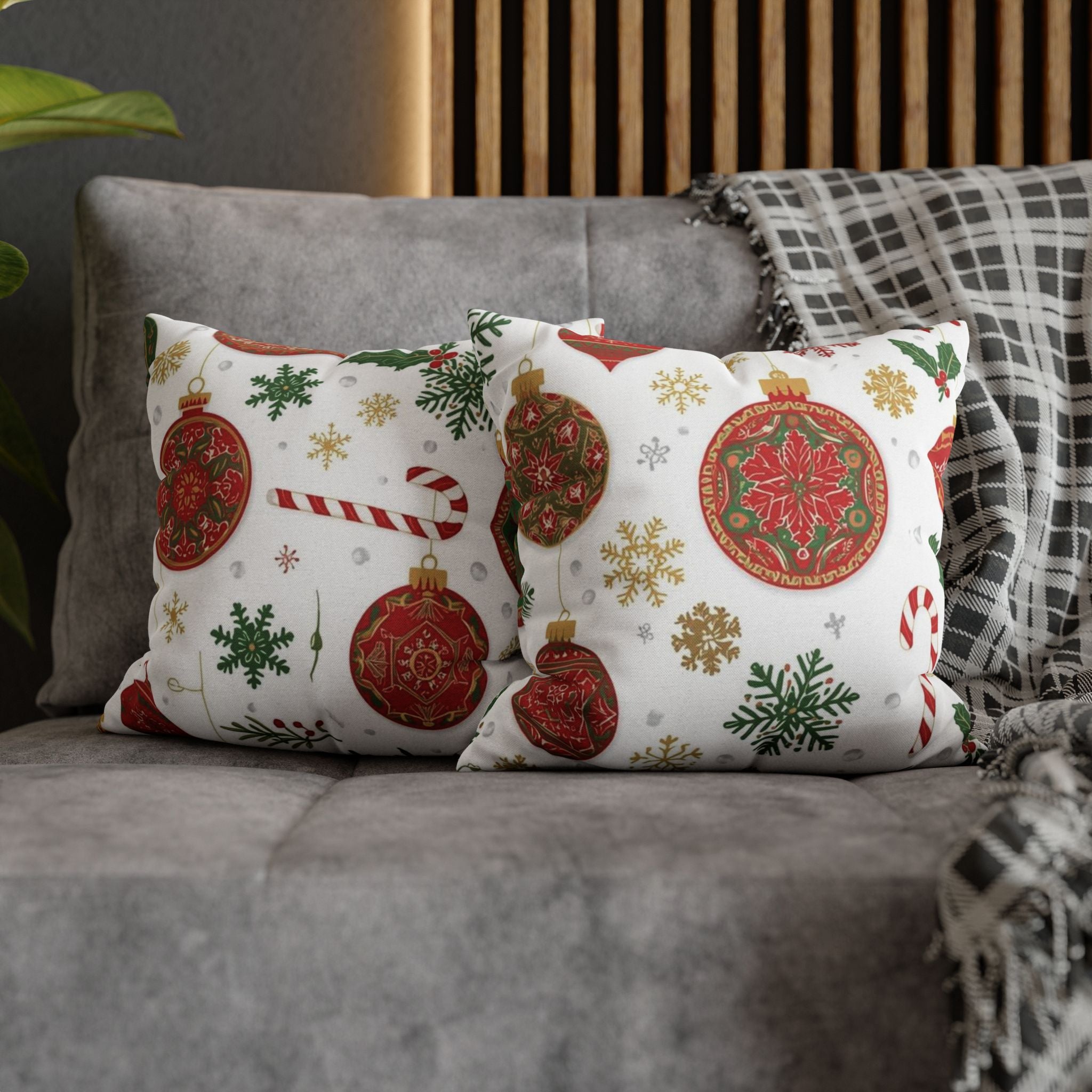 Christmas Ornament & Candy Cane Pillow Cover – Double-Sided Festive Holiday Decor