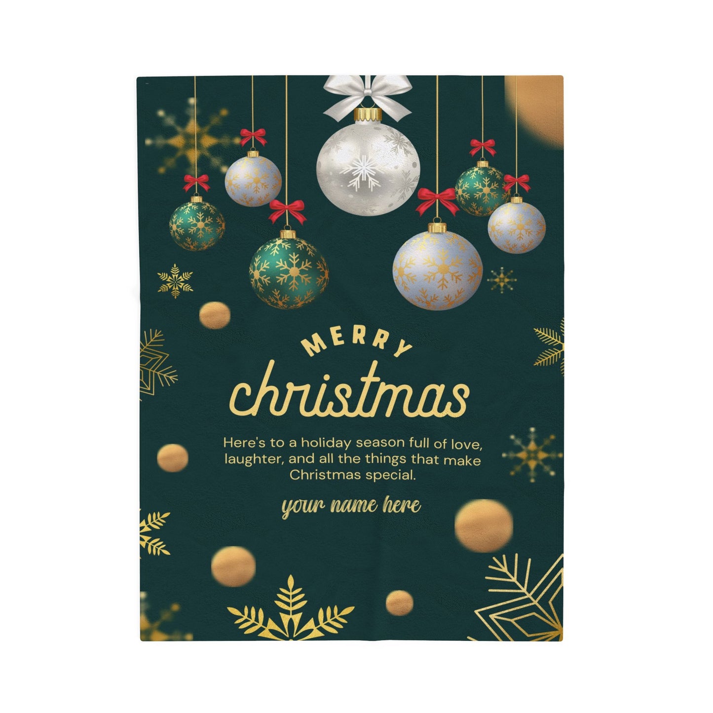 Elegant Green & Gold Christmas Blanket – Personalized Holiday Gift with Ornaments and Message