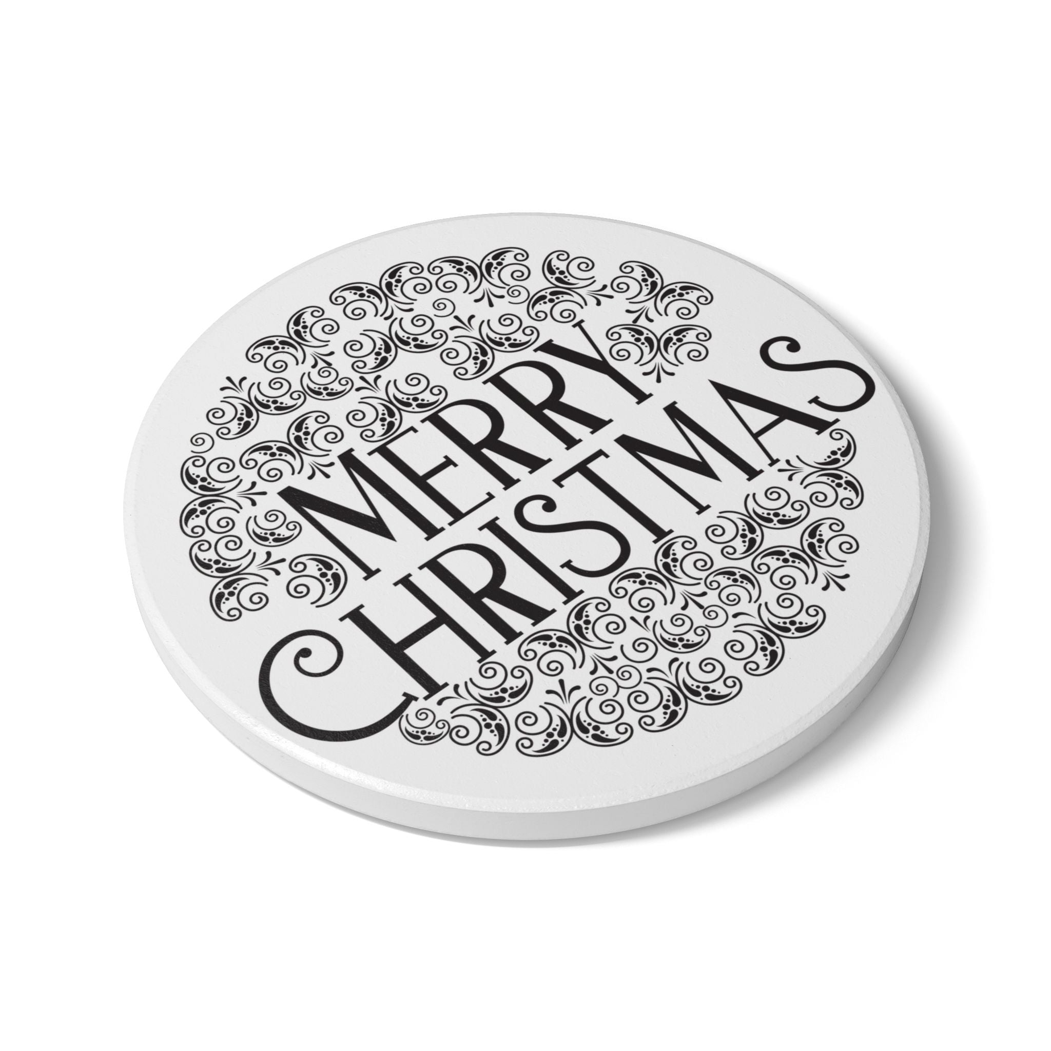 Elegant Christmas Ceramic Coaster with “Merry Christmas” Floral Design