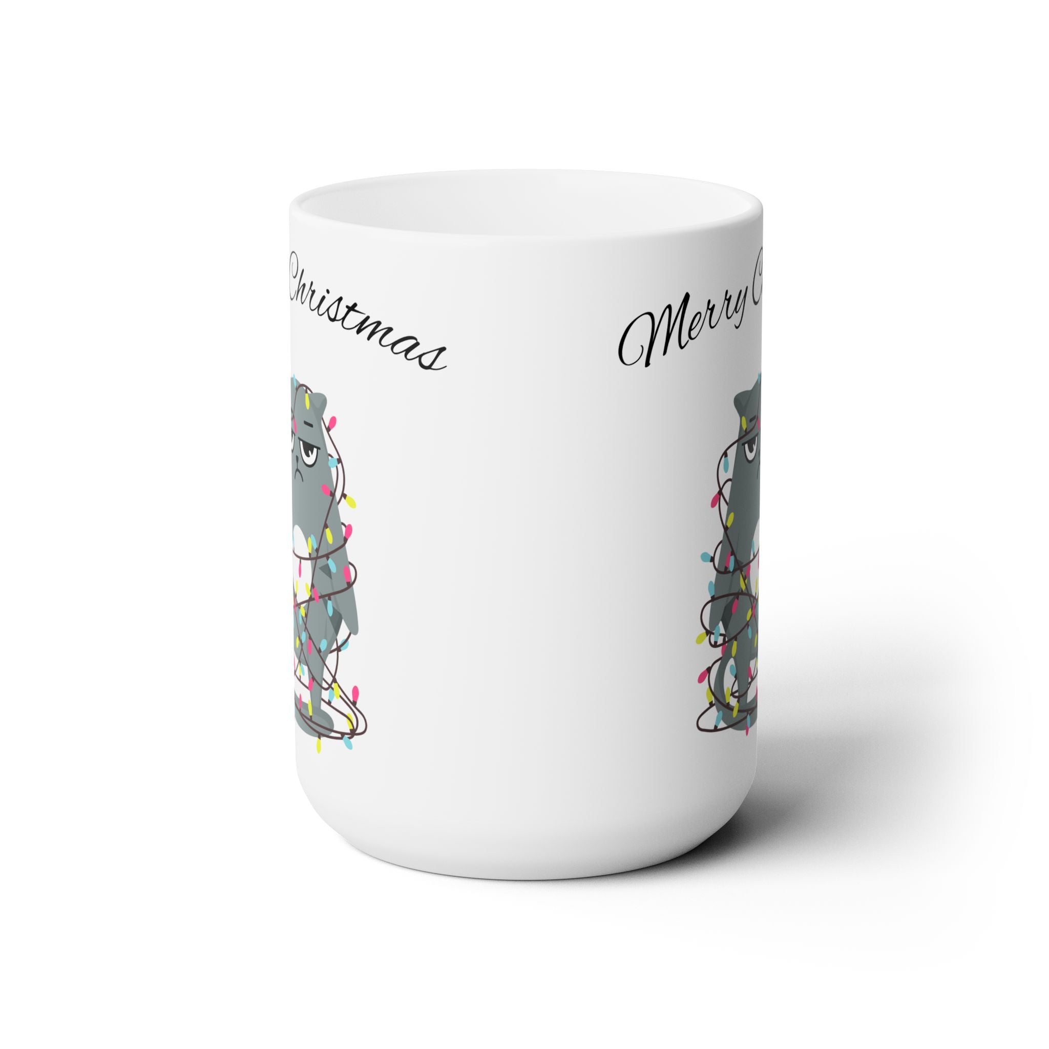 15oz Ceramic Mug – Grumpy Cat Christmas Lights Design – Funny Holiday Gift for Coffee Lovers & Cat Fans