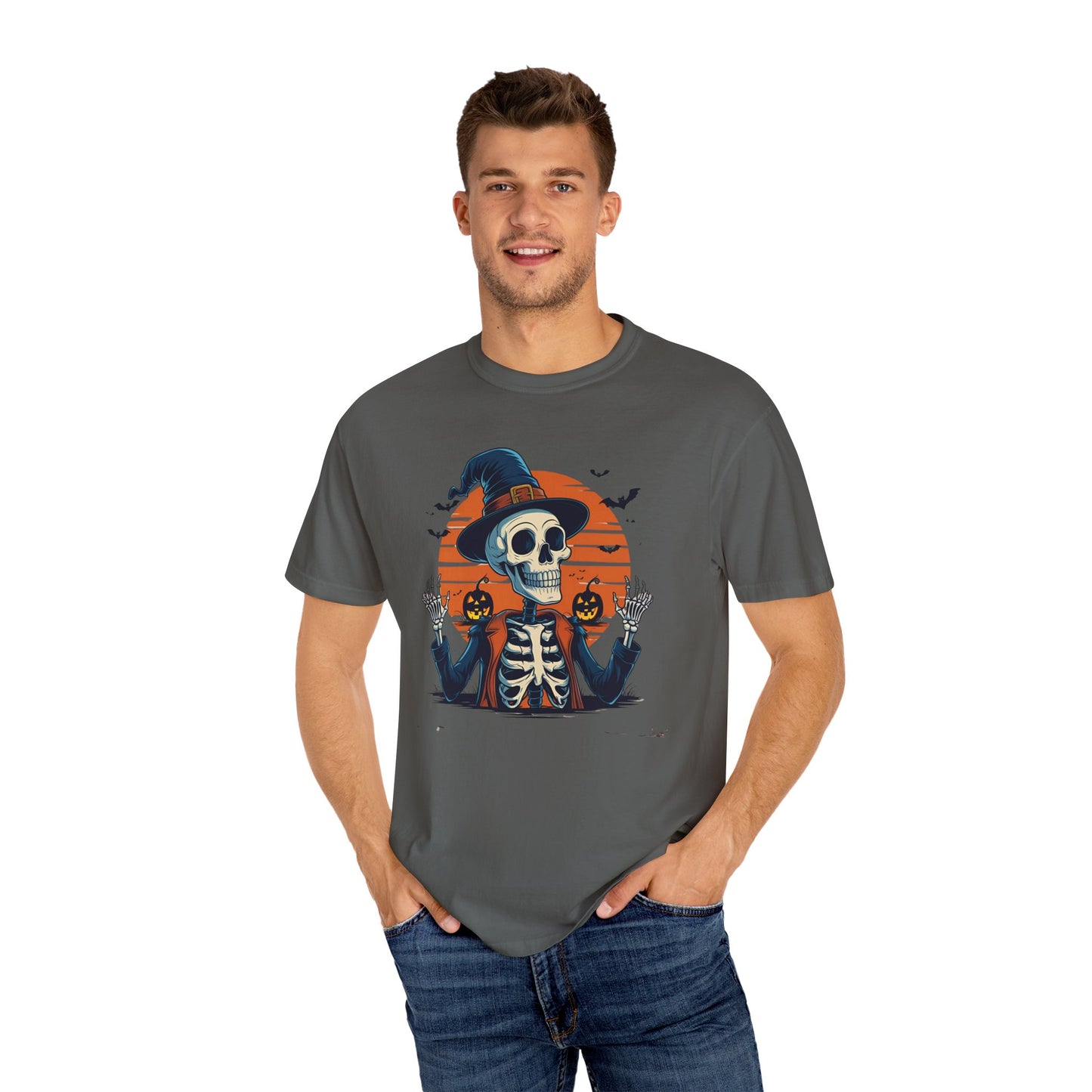 Skeleton Witch Halloween T-shirt for Adults & Teens, Funny Spooky Sunset Graphic Tee, Unisex Garment-Dyed Top, Pumpkin Hat Shirt, Halloween
