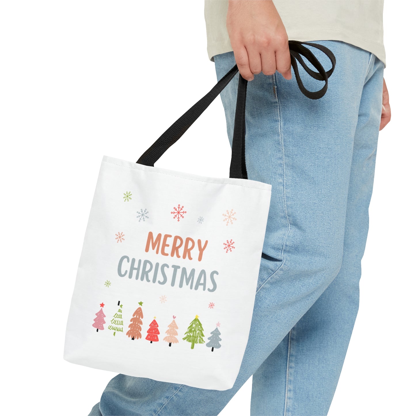 Tote Bag – “MERRY CHRISTMAS” Text with Snowflakes & Colorful Tree Row – Holiday Gift for Seasonal Shoppers