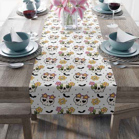 Floral Skull Pattern Table Runner – Pastel Whimsical Halloween Decor