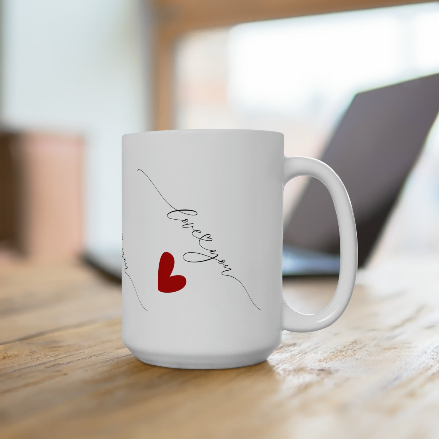 Love You Signature with Hearts Printed Valentine Ceramic Mugs, 15oz