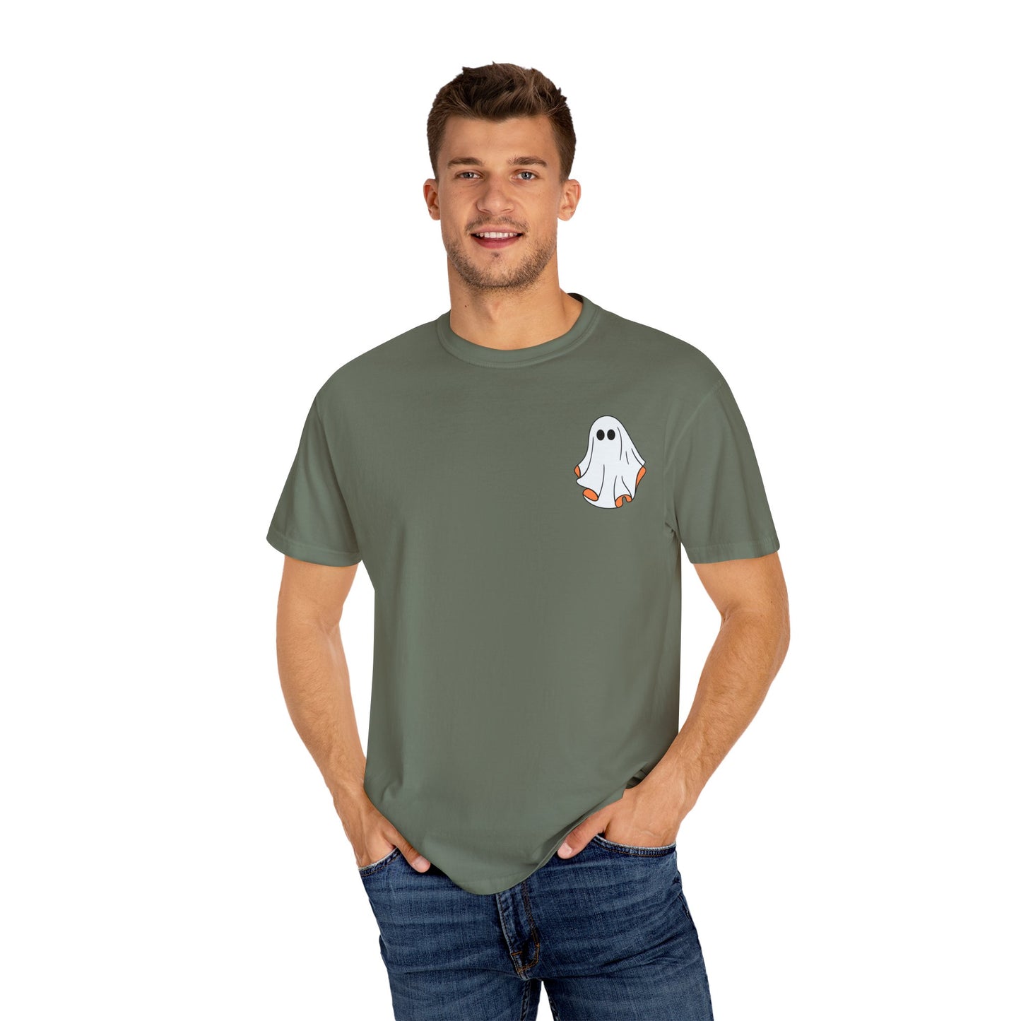 Minimal Ghost Halloween T-Shirt – Cute Pocket Graphic Tee for Spooky Season