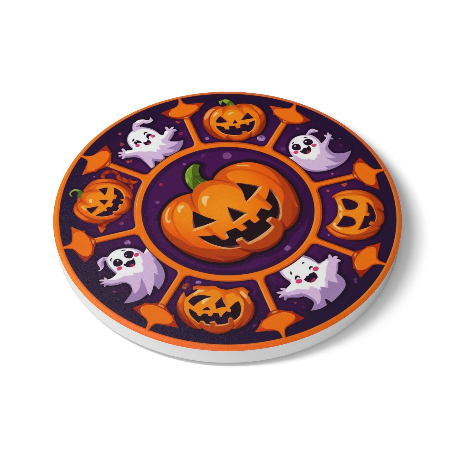 Smiling Halloween Ceramic Coaster with Pumpkin and Ghost Design