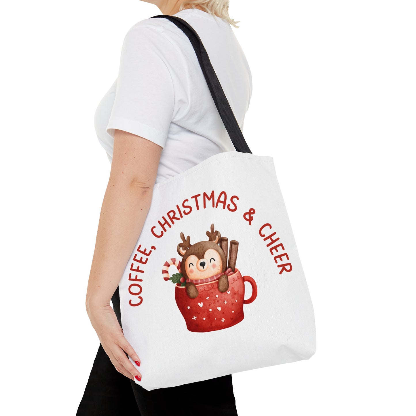 Tote Bag – COFFEE, CHRISTMAS & CHEER Reindeer Design – Gift for Holiday Shoppers, Winter Coffee Lovers