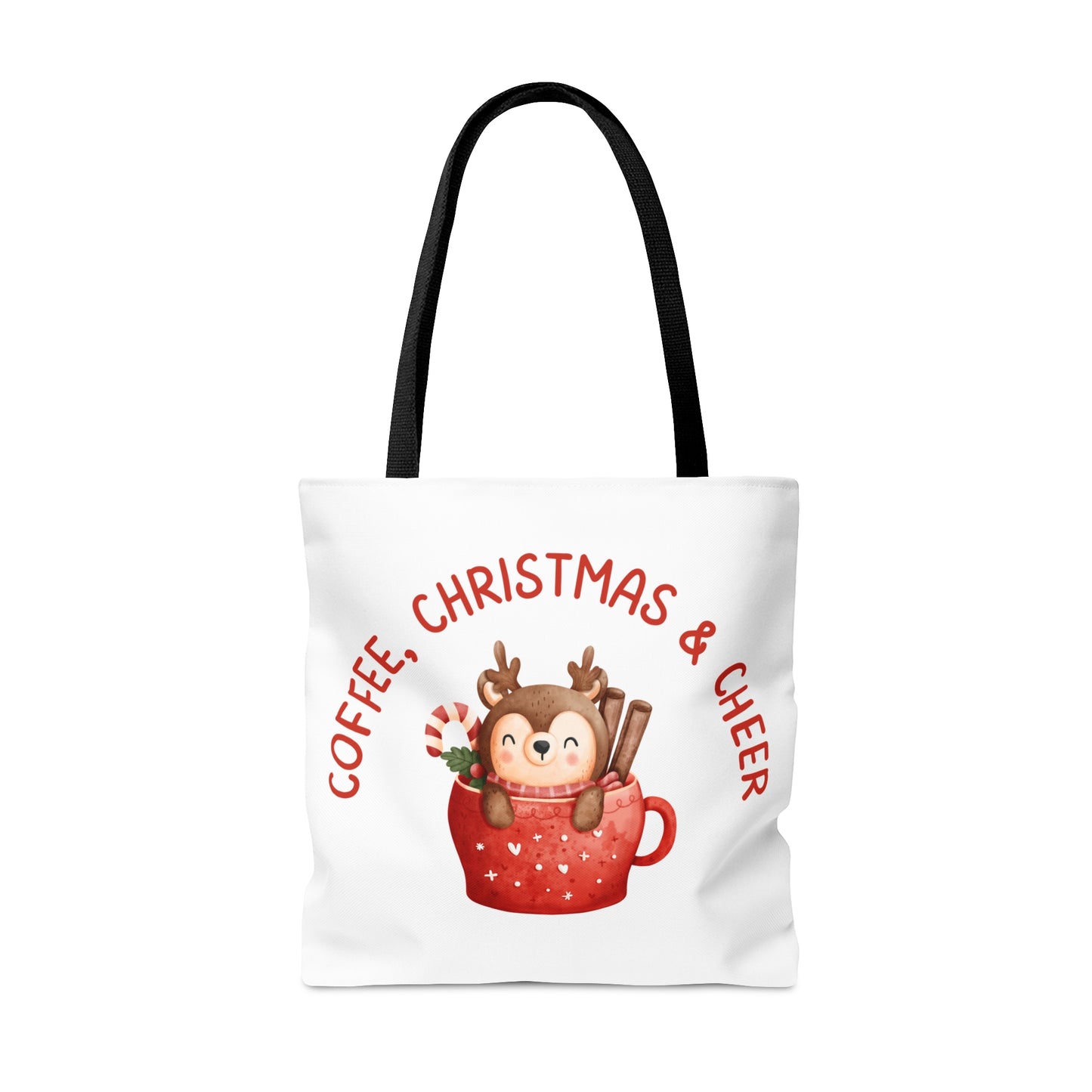 Tote Bag – COFFEE, CHRISTMAS & CHEER Reindeer Design – Gift for Holiday Shoppers, Winter Coffee Lovers
