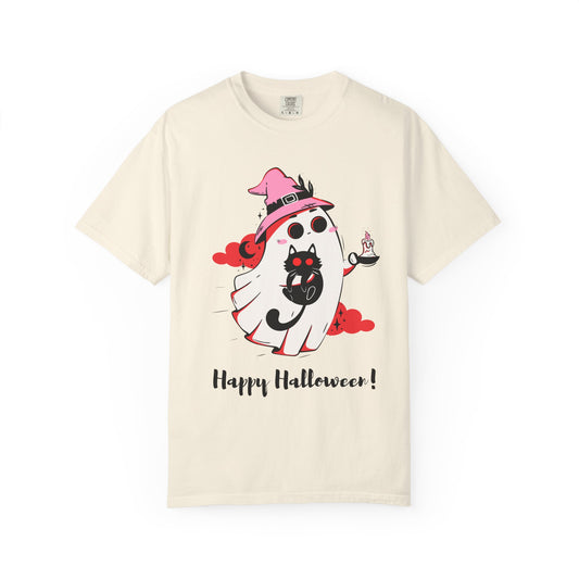 Ghostly Glam T-Shirt - Witchy Whimsy with Cat Companion