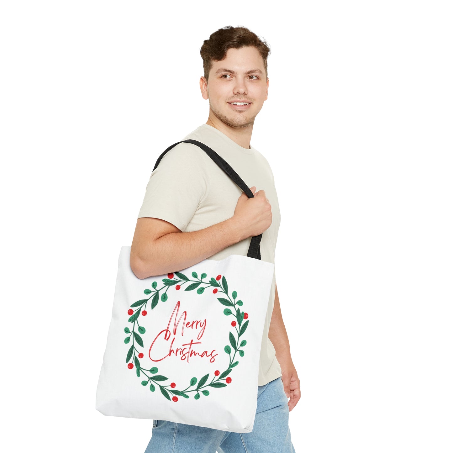 Christmas Tote Bag with “Merry Christmas” Wreath Design – Festive All-Over Print Carryall in 3 Sizes
