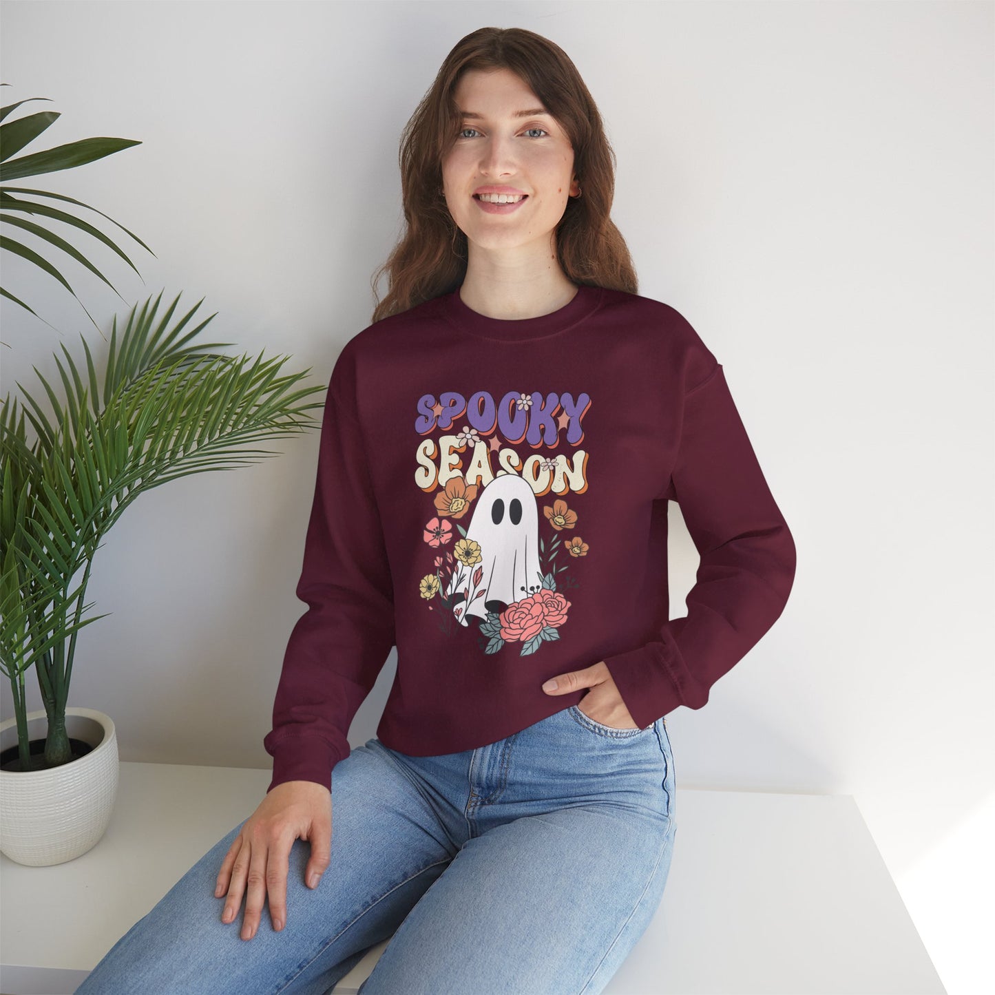 Spooky Season Floral Ghost Sweatshirt – Cozy Halloween Blooms