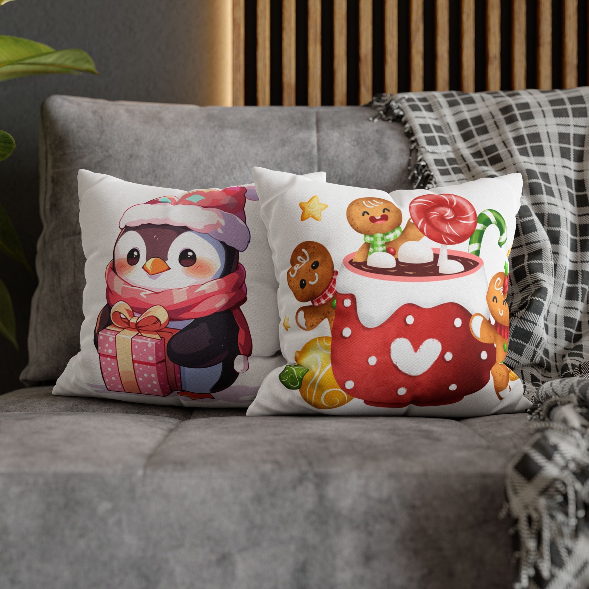 Christmas Penguin & Hot Chocolate Pillow Cover – Festive Double-Sided Holiday Decor