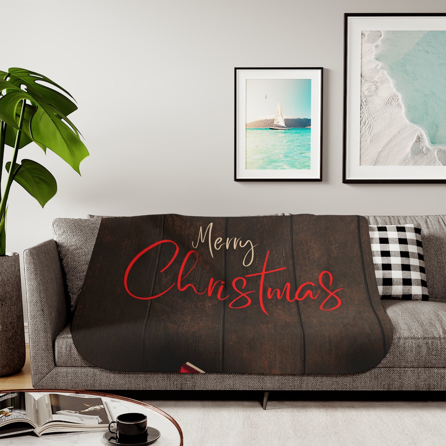 Merry Christmas Printed Sherpa Blanket, Coffee