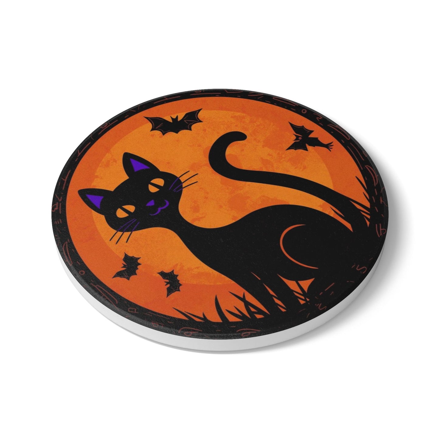 Whimsical Halloween Ceramic Coaster with Black Cat Design