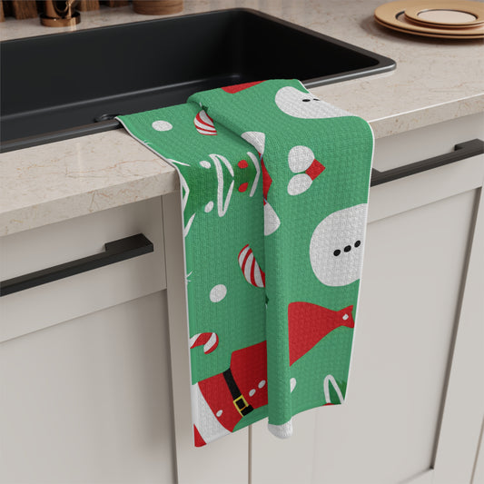 Tea Towel – Green Christmas Design with Santa, Candy Canes & Snowflakes – Festive Kitchen Decor & Gift