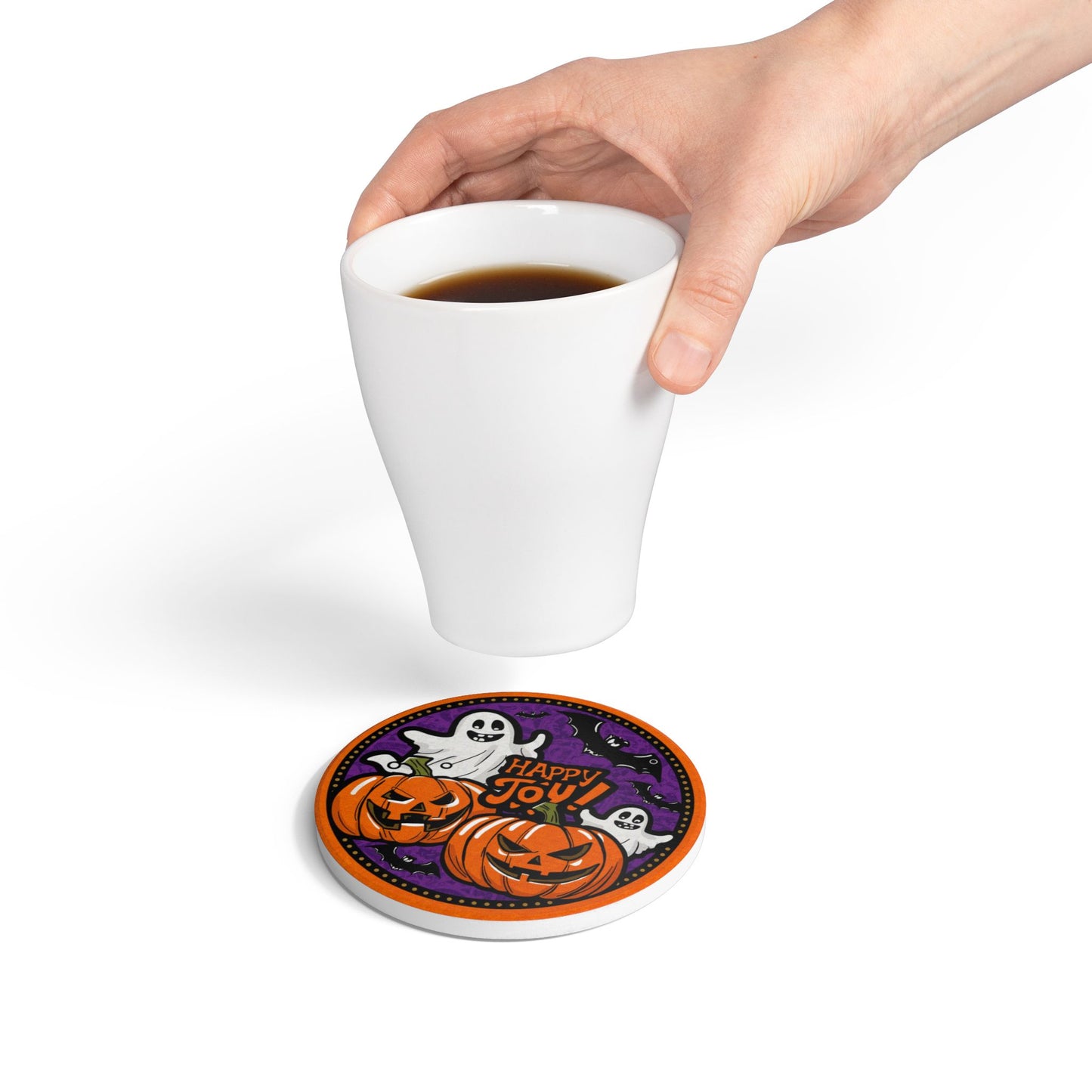 Festive Halloween Ceramic Coaster with Playful Ghosts and Pumpkins