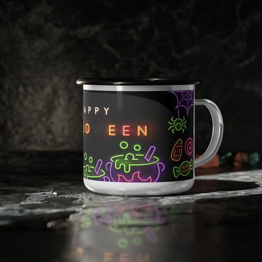 Happy Halloween Enamel Camp Cup – Neon Cauldron and Spooky Design