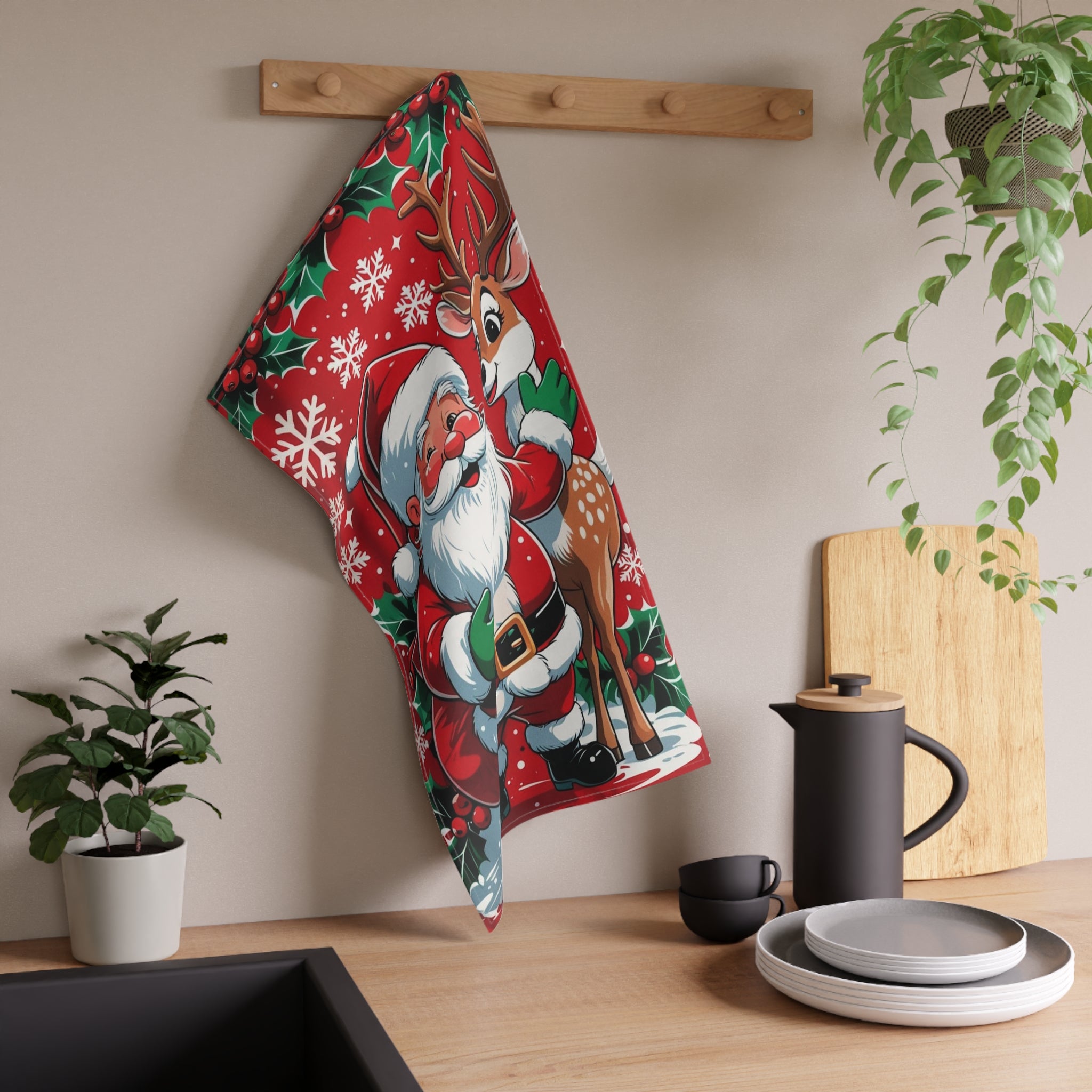 Christmas Tea Towel with Santa Claus and Deer Design
