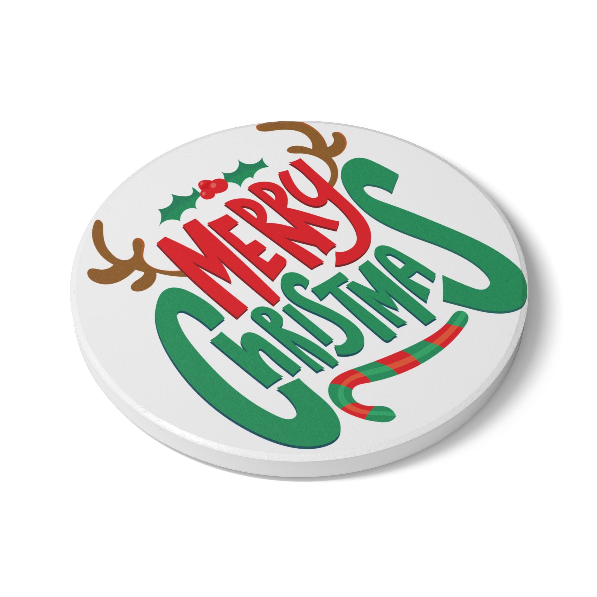Festive Christmas Ceramic Coaster with Reindeer and Candy Cane Design