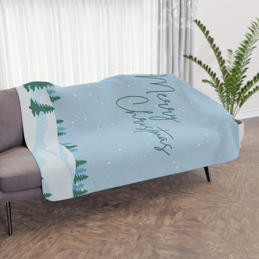 Merry Christmas with Trees Printed Sherpa Blanket, Sky Blue