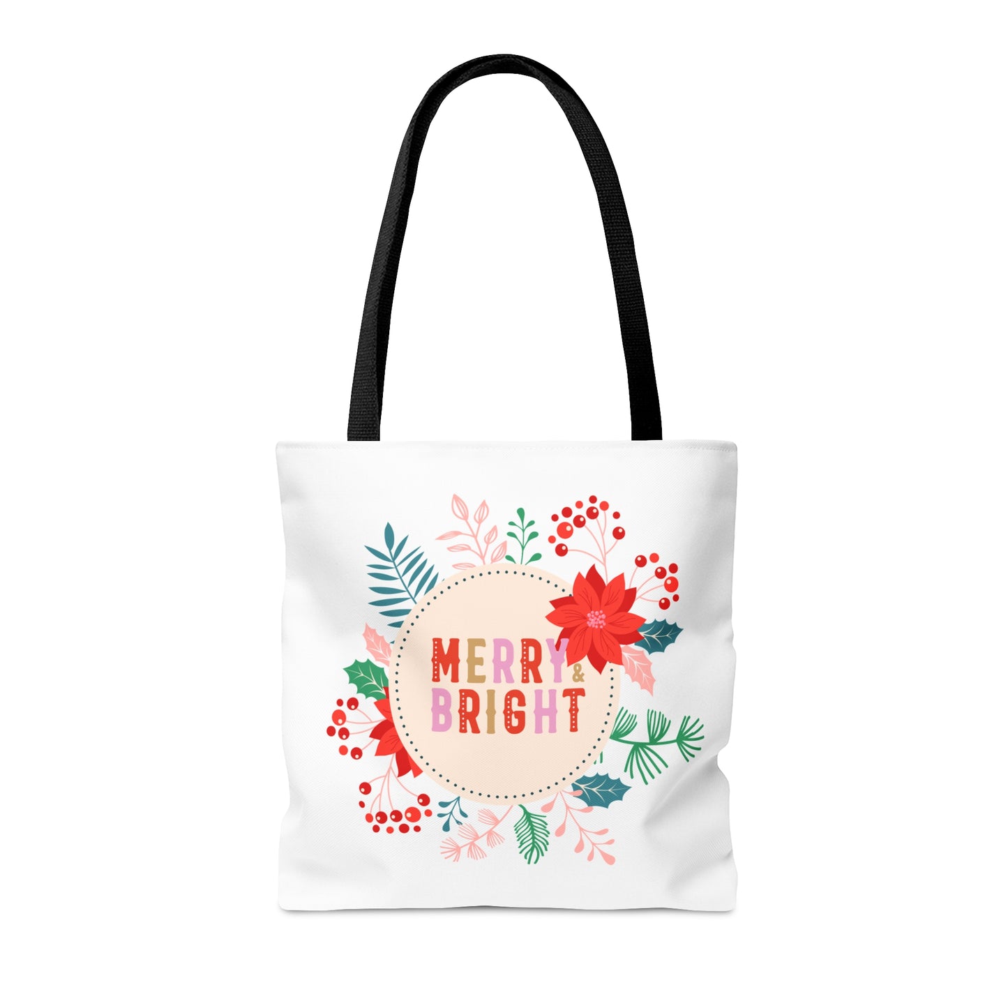 Tote Bag – MERRY & BRIGHT Floral Design – Gift for Christmas, Holiday Shopping, Winter Outings