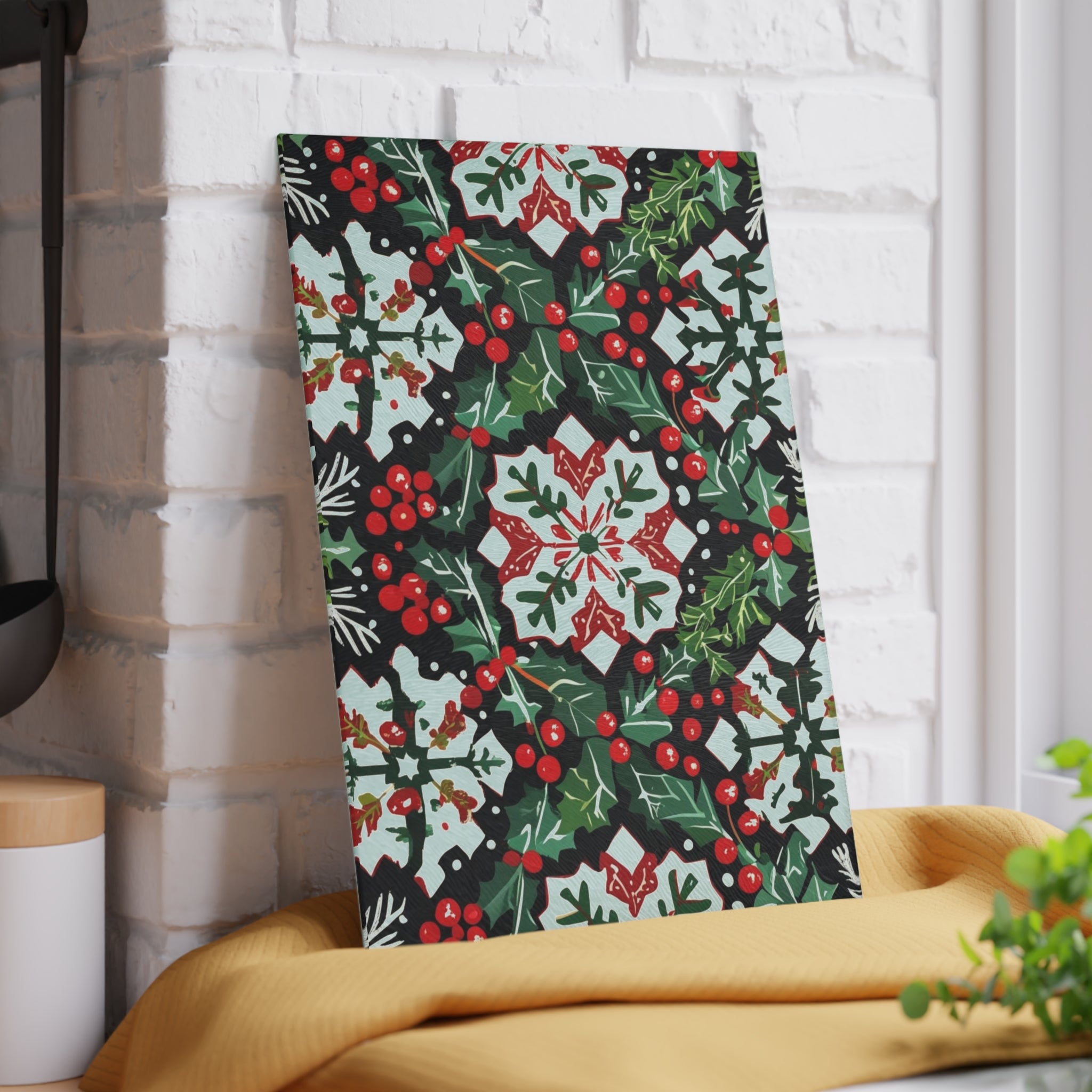 Festive Christmas Cutting Board with Holly and Berry Pattern