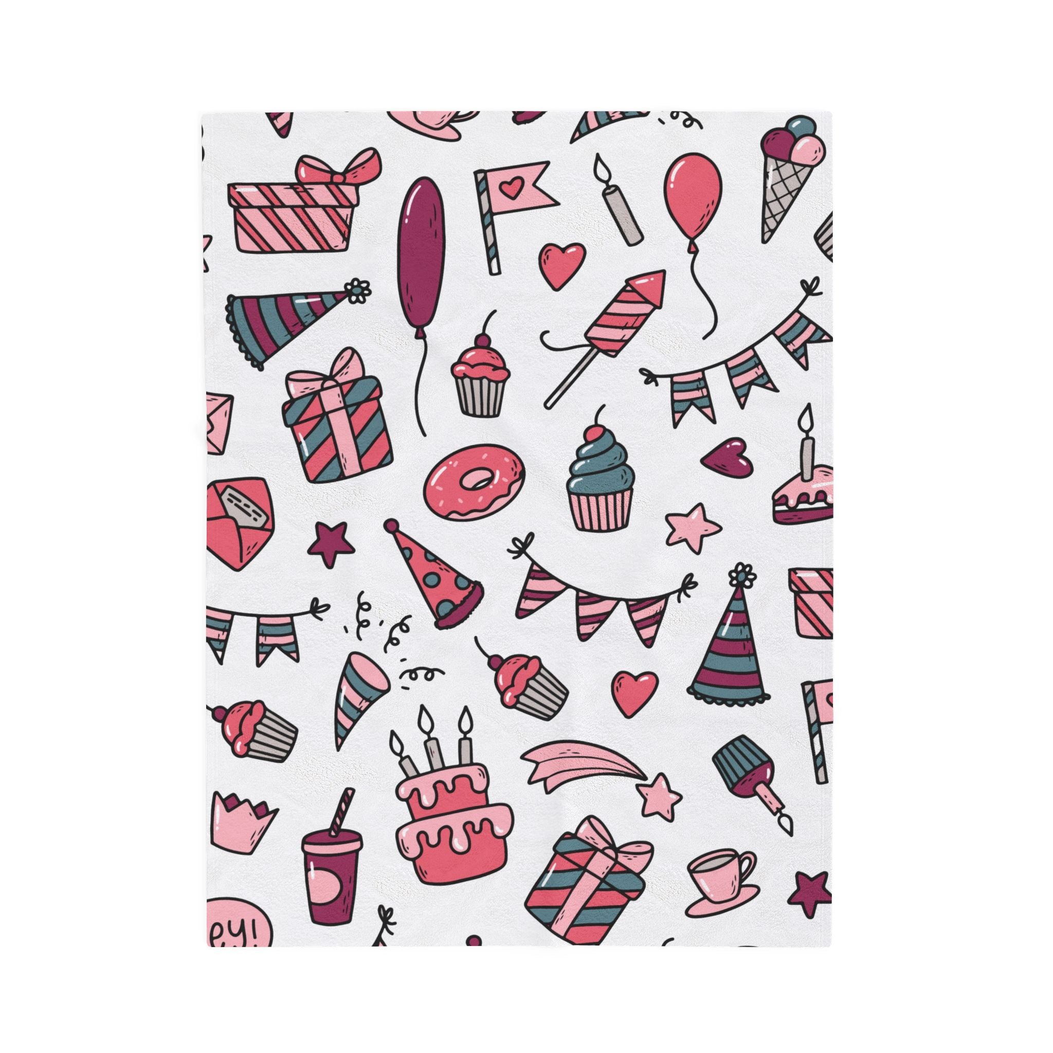 Birthday Party Velveteen Plush BlanketBirthday Party Velveteen Plush Blanket – Cupcakes, Gifts & Confetti Pattern Throw