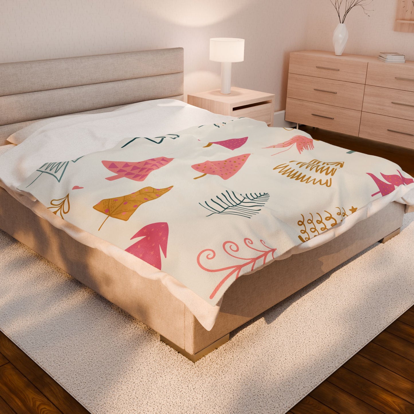 Velveteen Plush Blanket - Christmas Trees Pink Green Gold Holiday Throw