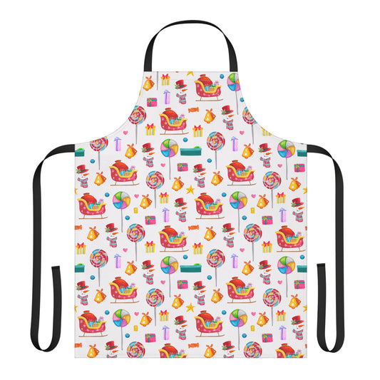 Whimsical Christmas Apron with Candy Swirls, Sleighs, and Festive Designs