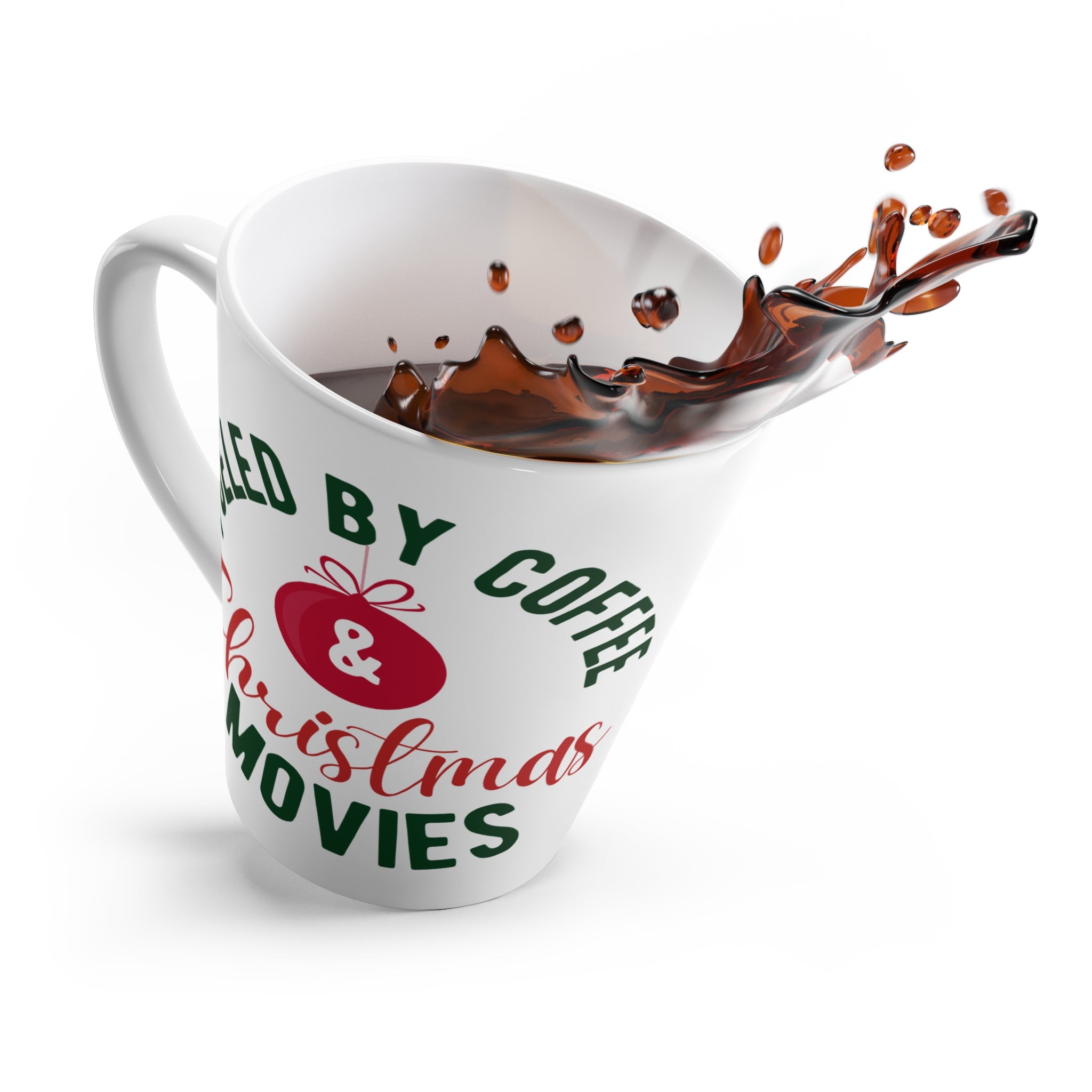 12oz Ceramic Latte Mug with “Fueled by Coffee & Christmas Movies” Design – Holiday Gift for Latte Lovers