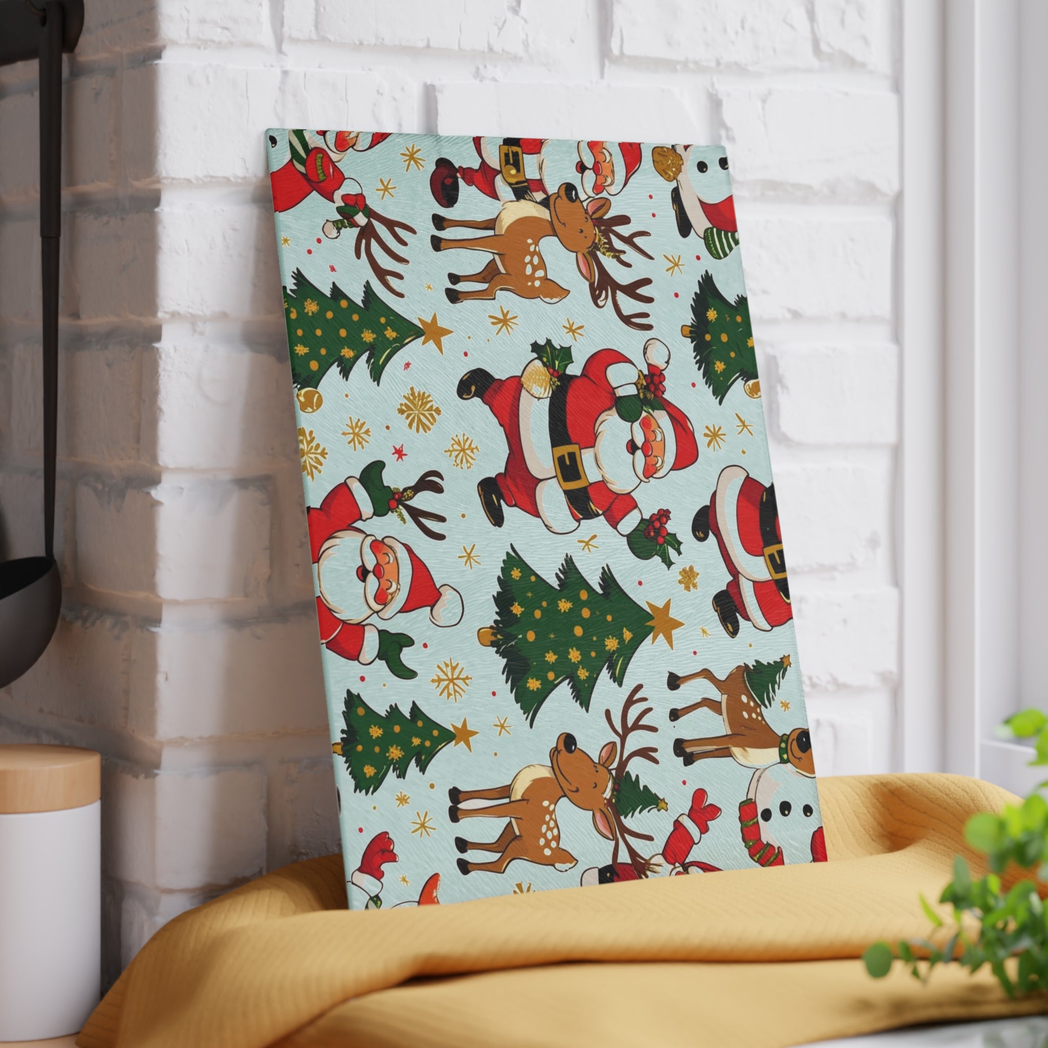 Christmas Cutting Board with Santa, Reindeer, and Tree Design