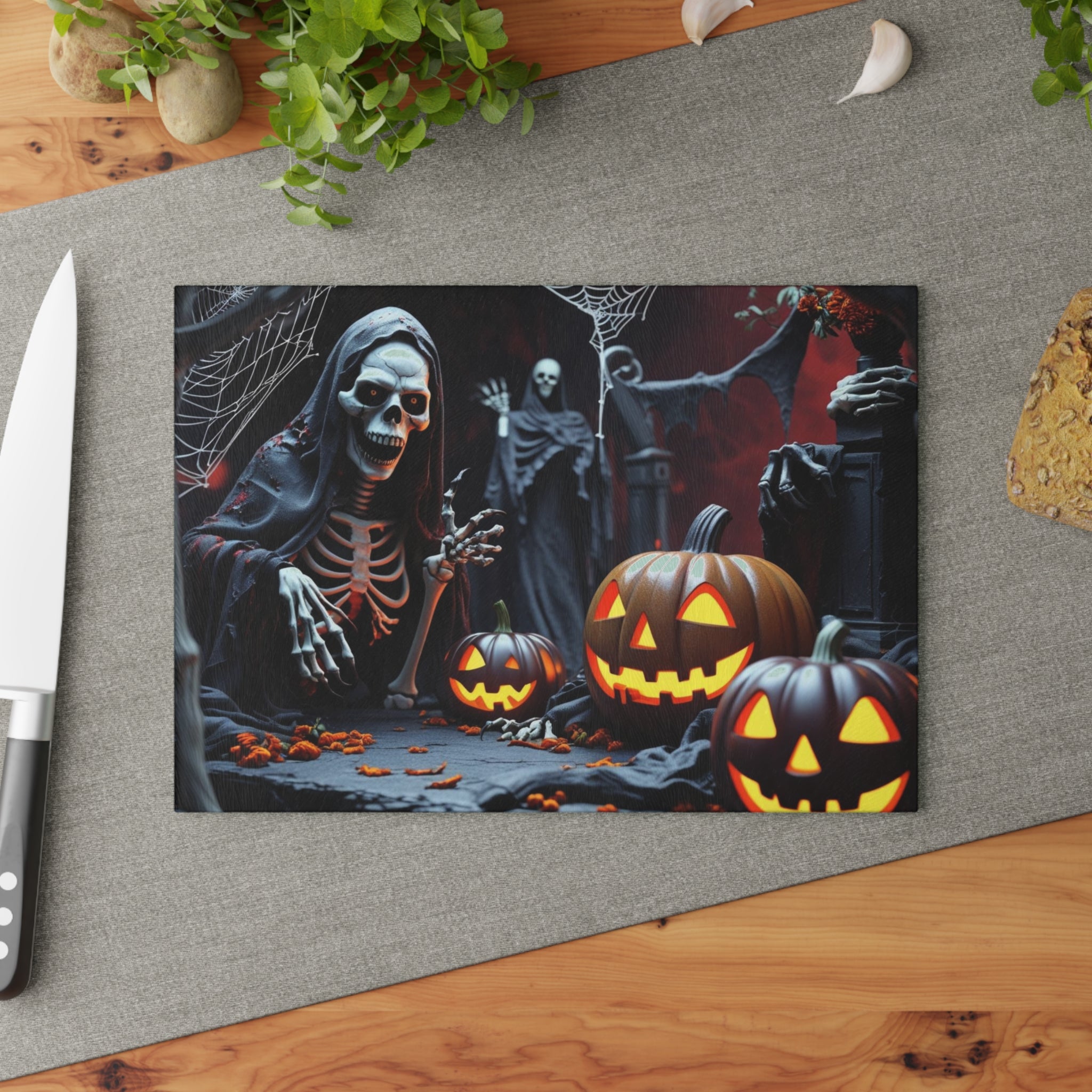 Spooky Halloween Cutting Board with Skeleton and Pumpkins Design