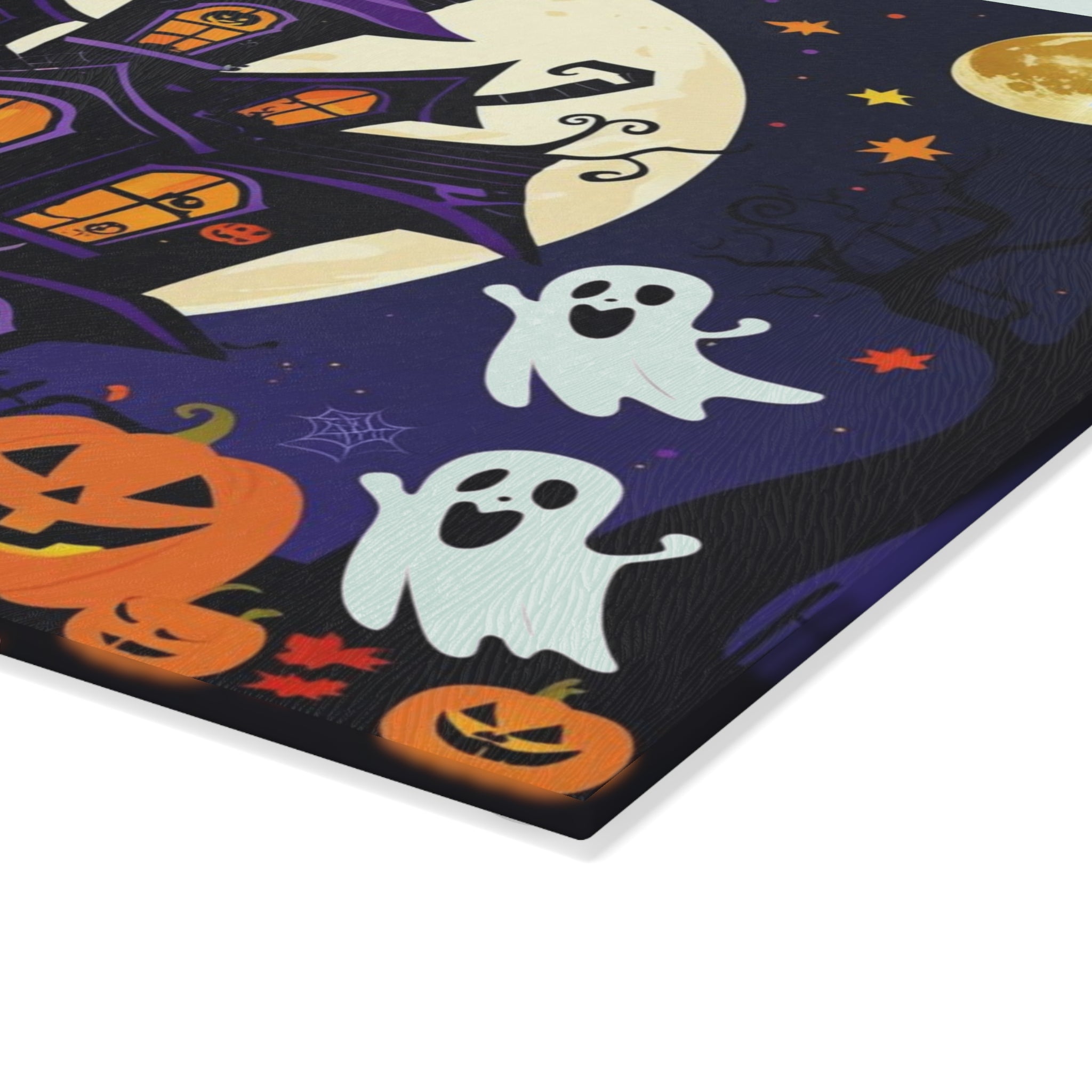 Whimsical Halloween Cutting Board with Spooky House, Ghosts, and Pumpkins