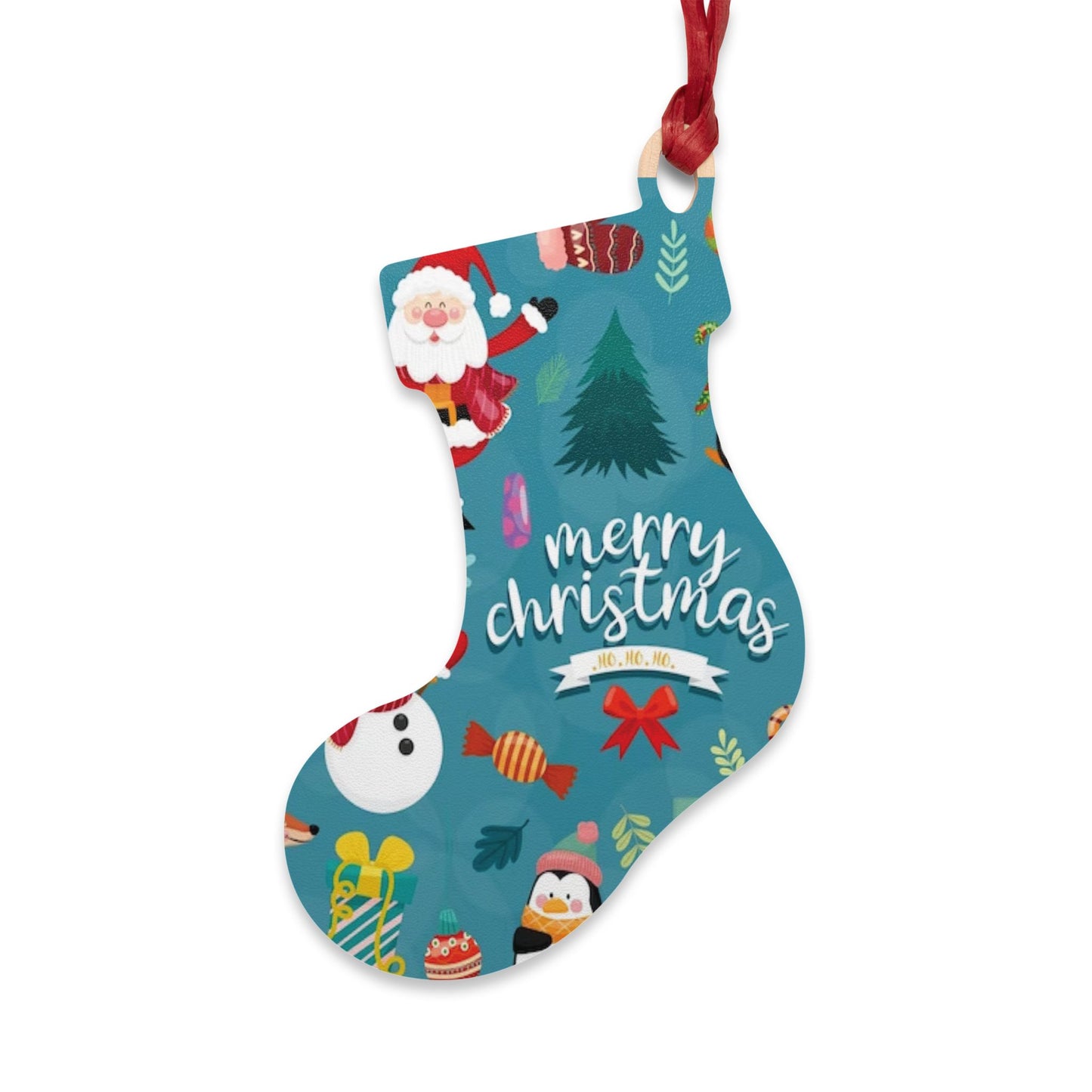 Wooden Ornament – Blue Christmas Stocking with Santa, Snowman & Penguin – Magnetic Holiday Decor with Ribbon