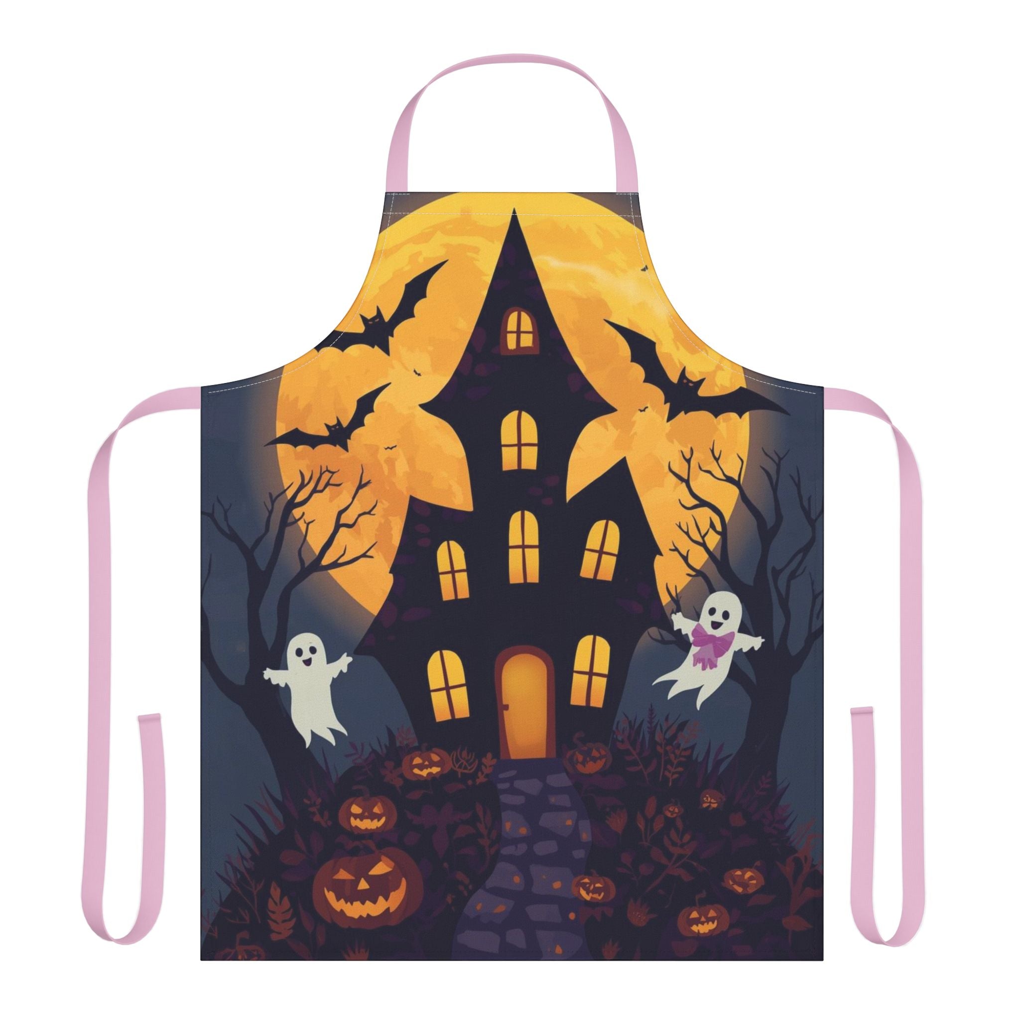 Halloween Apron with Haunted House, Ghosts, and Pumpkin Design