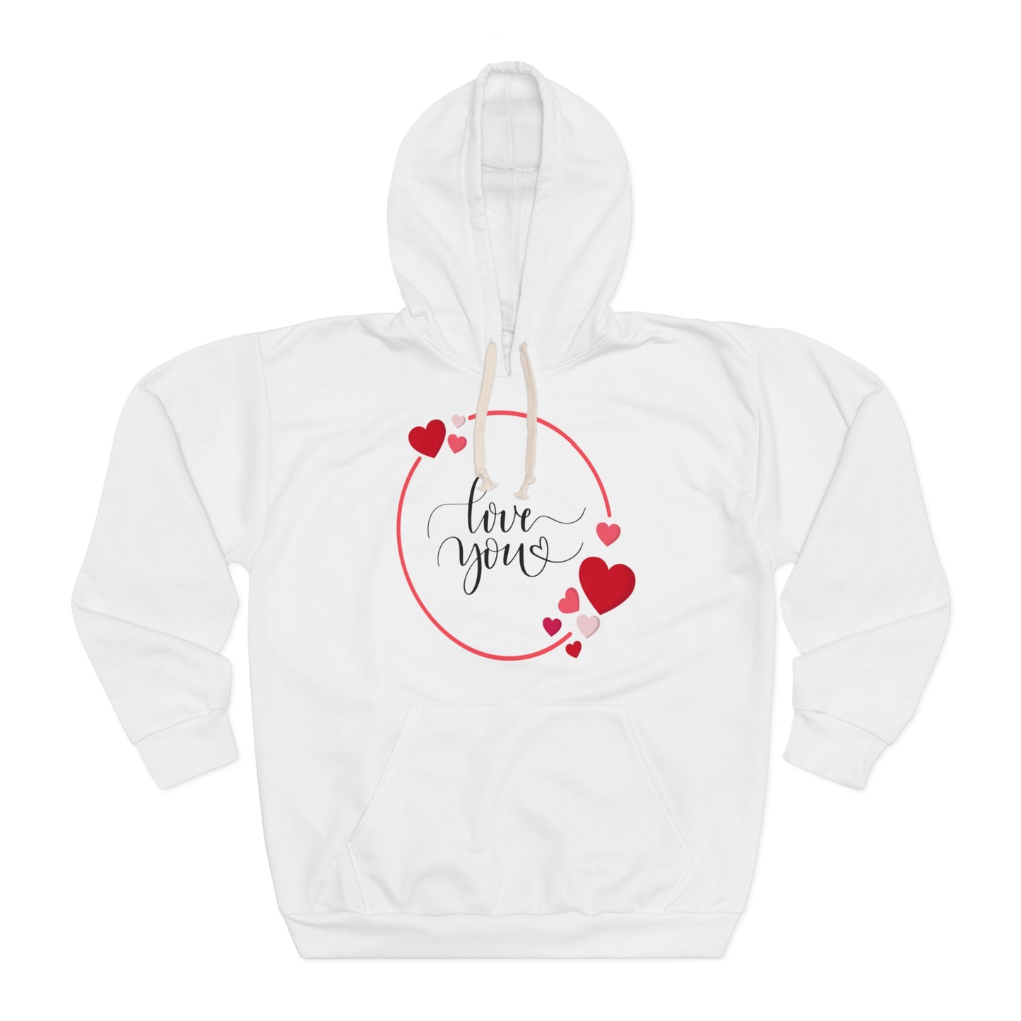 Love You with Hearts Printed Unisex Pullover Hoodie, Red & White