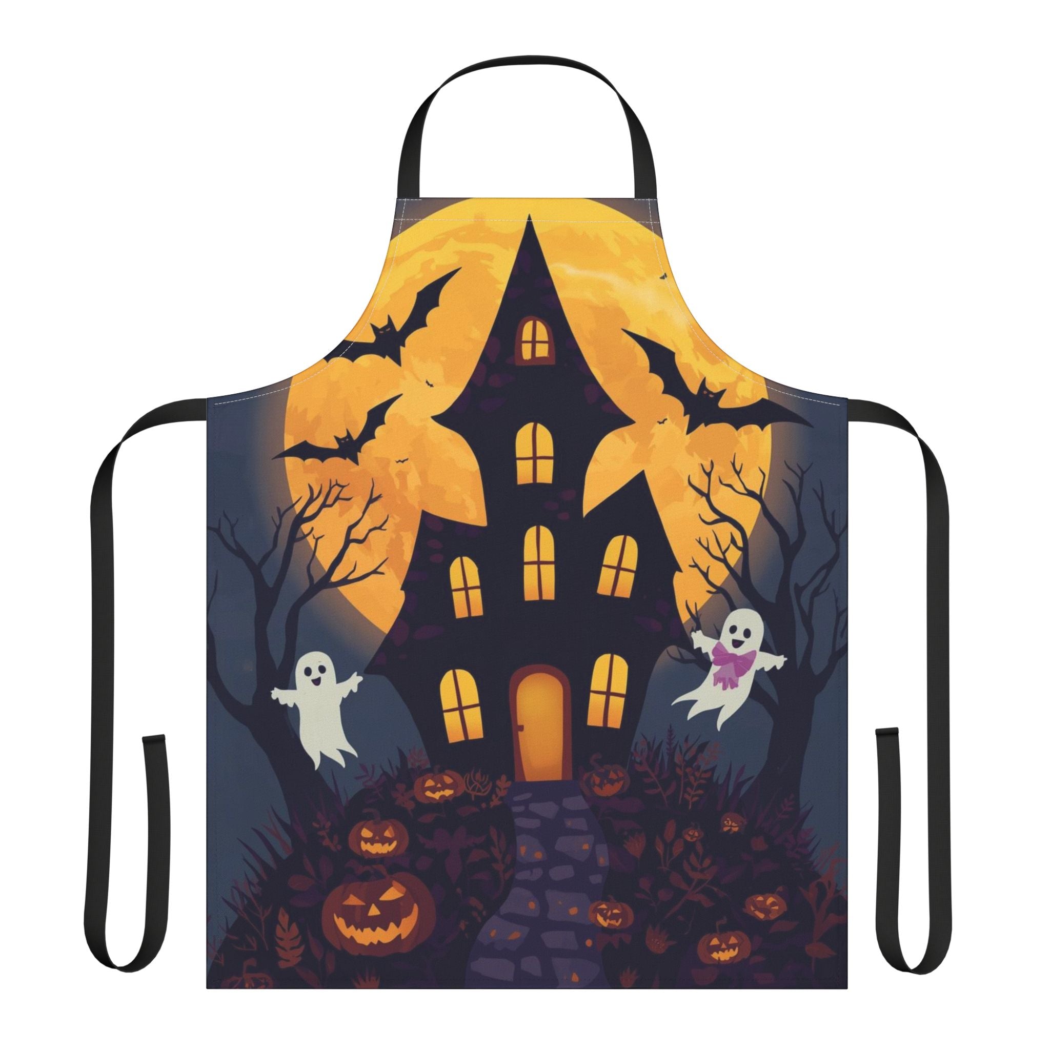 Halloween Apron with Haunted House, Ghosts, and Pumpkin Design