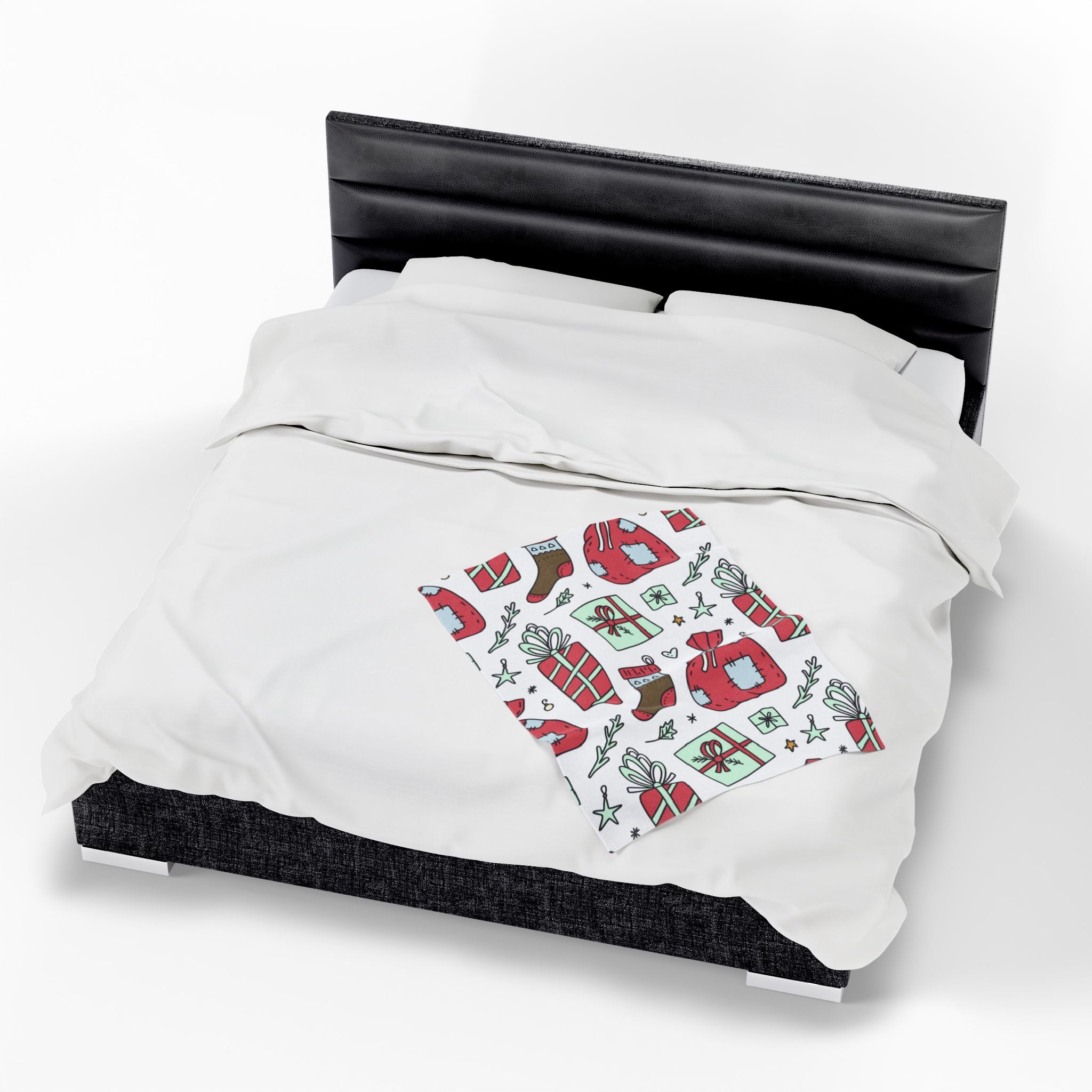Gift Bag & Candy Cane Velveteen Plush Blanket – Festive Christmas Present Pattern