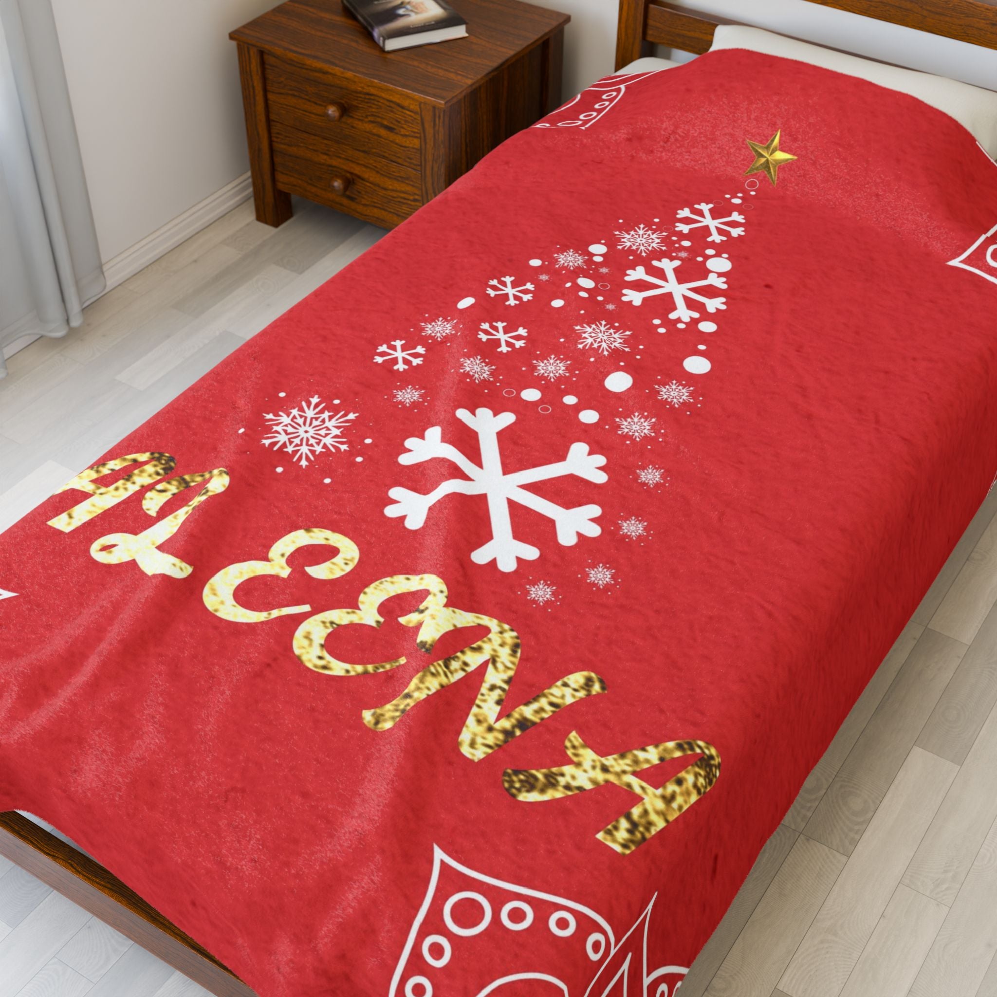 Personalized Christmas Tree Velveteen Blanket, Custom Name Holiday Throw