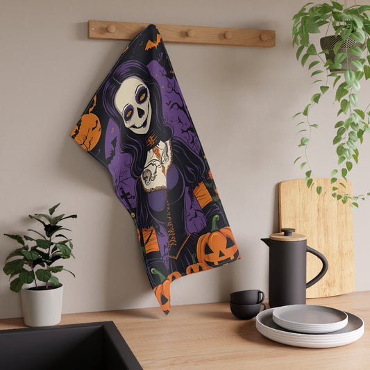 Tattooed Skeleton Halloween Tea Towel – Spooky Graveyard Design